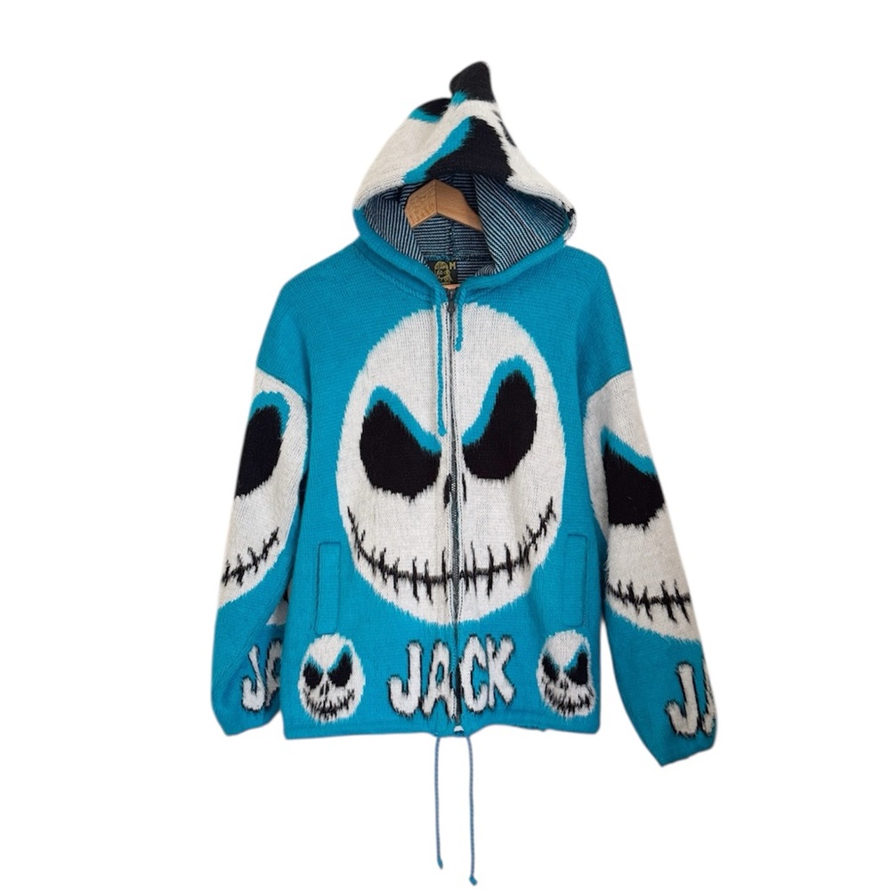 Vintage Tejidos Ruminahui Blue Jack Skellington Full Zip Hoodie Sweater size M